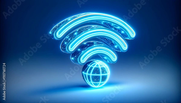 Fototapeta Icon A 3D neon blue WiFi internet icon with bright glowing lines, isolated on a white background, represe1