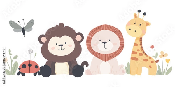 Fototapeta Cute flat vector animal set in a simple style, isolated on a white background
