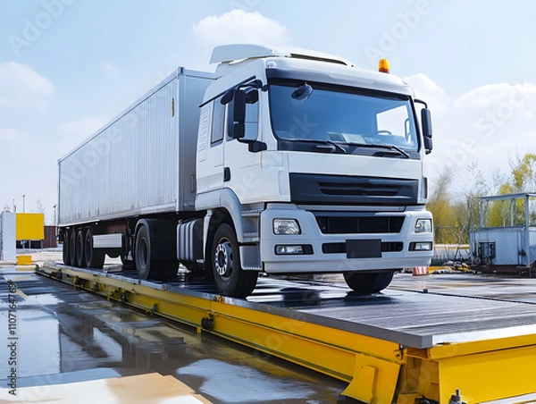 Obraz A truck or trailer carrying cargo on truck scales. Neural network AI generated art