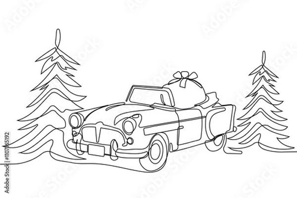 Fototapeta Vector doodle illustration, hand drawn in cartoon style. Black and white linear drawing of Santa Claus on the roof in a chimney. Vector illustration