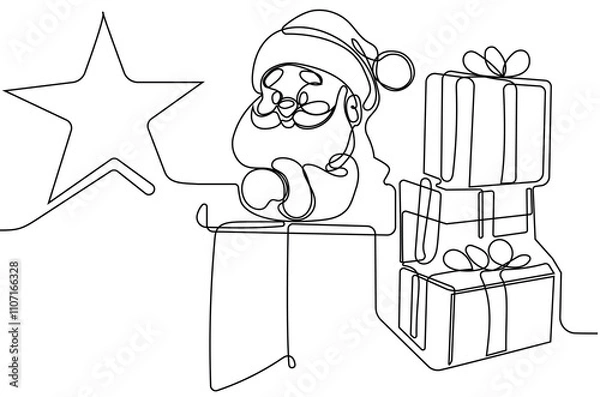 Fototapeta Vector doodle illustration, hand drawn in cartoon style. Black and white linear drawing of Santa Claus on the roof in a chimney. Vector illustration