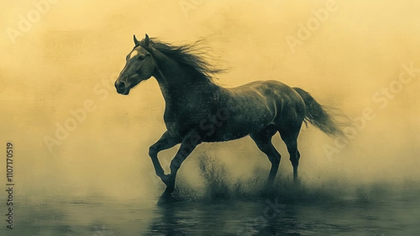 Fototapeta A graceful horse elegantly running across the water, surrounded by a foggy atmosphere, with a background painted in soft, warm tones using delicate brushstrokes.