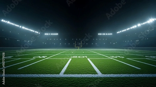 Fototapeta Empty American football field at night with goal post in the center, illuminated by stadium lights.