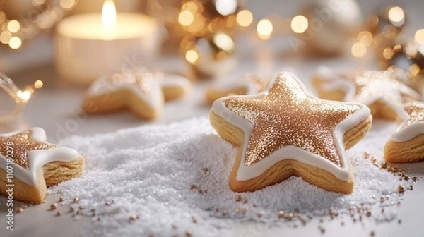 Fototapeta Shimmering gold star cookies resting on a bed of powdered sugar snow, illuminated by warm candlelight and festive holiday garlands