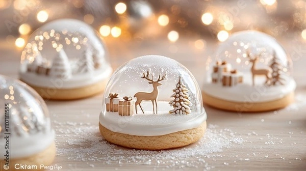 Fototapeta Snow globe cookies featuring a clear sugar dome, with a whimsical scene of a reindeer and Christmas presents surrounded by sparkling snow