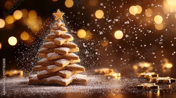 Fototapeta Stacked star gingerbread cookies in a tree shape, powdered sugar resembling snow, holiday decor around, soft warm glow of lights in the background