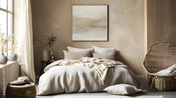Fototapeta Scandinavian Bedroom with Layered Textiles and Abstract Art