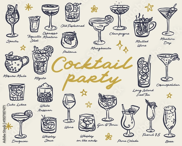 Obraz Beautiful hand drawn collection of drinks and cocktails - vector illustration
