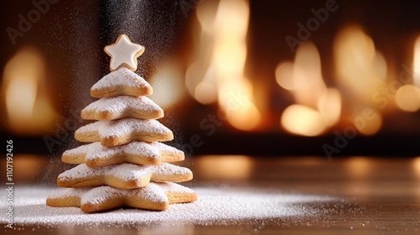 Fototapeta Star-shaped gingerbread cookies arranged in tree formation, powdered sugar dusting, whimsical holiday dessert concept for children, wooden table backdrop