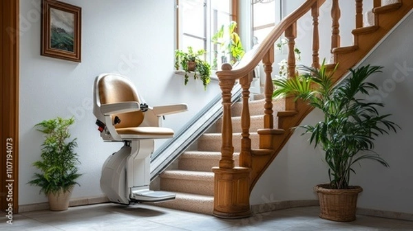 Fototapeta A residential stair lift in motion, showcasing innovative design for improved elderly accessibility