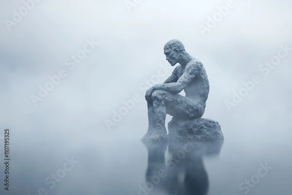Fototapeta Sculpture of pensive man in mist, reflection in water, serene mood.