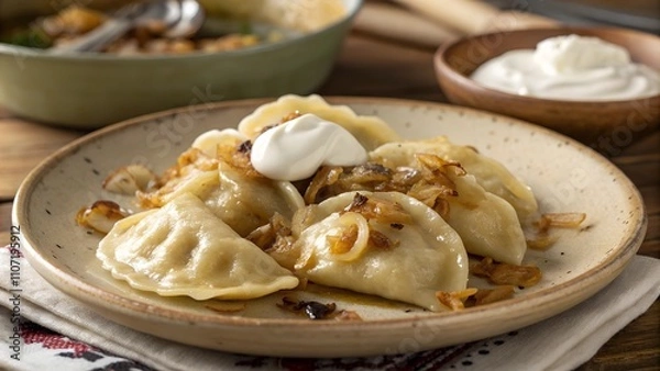 Obraz Plate of traditional Polish pierogi with caramelized onions and sour cream.