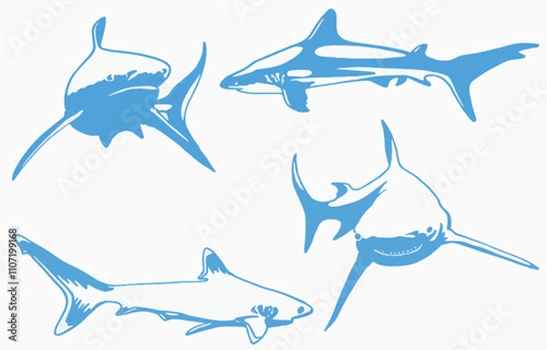 Obraz Graphical color  set of blue sharks isolated on white background,vector ink pen illustration,tattoo elements	