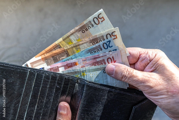 Fototapeta Close-up of a fan of Euro banknotes held on a person's hand, being pulled from a black wallet. The denominations go from 5 to 50 Euros, and illuminated by the sun with a pattern of shadows.