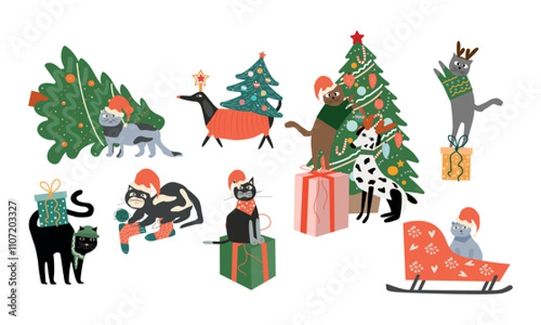 Obraz Cute Christmas cats and dogs set. Happy adorable New Year pet animals. Isolated flat vector illustrations. 