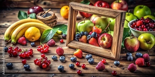 Fototapeta Vibrant Arrangement of Fresh Fruits in a Wooden Frame on a Rustic Table Capturing the Essence of Nature's Bounty for Healthy Living and Culinary Inspiration