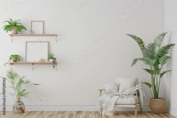 Fototapeta Minimalist living room with a white armchair. plants and wooden shelves on a white wall