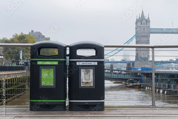 Fototapeta Recycling bins with Tower Bridge in the background
