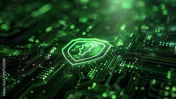 Fototapeta Abstract digital design featuring a glowing shield symbol on a circuit board background.