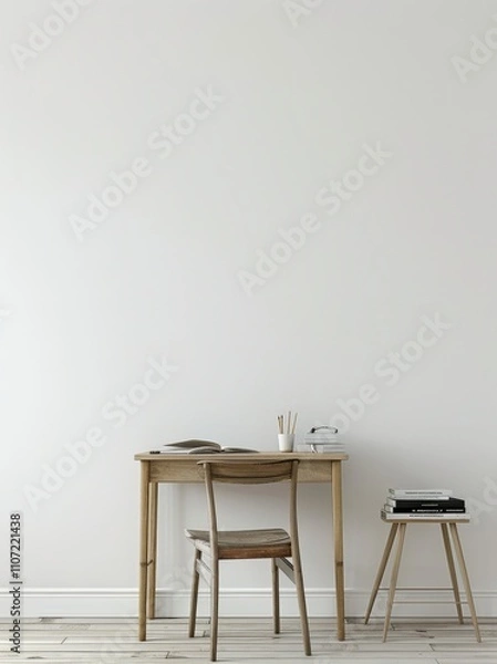 Fototapeta Minimalist home office with a wooden desk. chair. and a small stool in front of a blank white wall