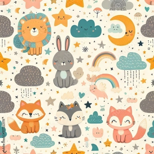 Fototapeta Seamless pattern with cute animals moons stars and clouds.