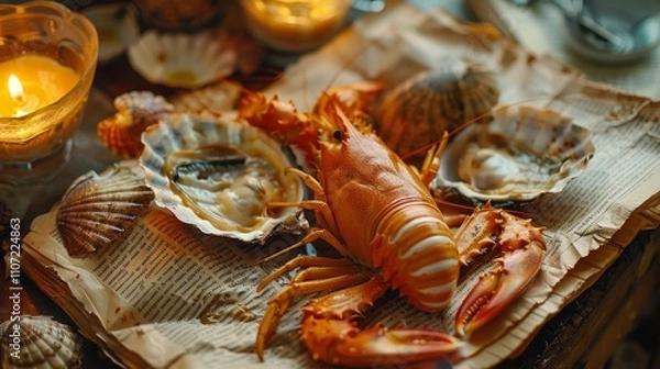 Obraz A detailed still life featuring a lobster, various seashells, and an antique book, evoking a vintage maritime theme, vintage maritime still life with lobster, seashells, and antique book.