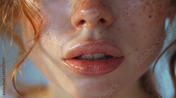 Obraz Close-up of a woman lips and freckles, lips with makeup with sexy, closeup mouth with lipstick with sensual, cosmetic and beauty, one person, complexion and care, feminine and beauty.