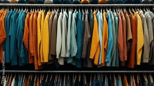 Fototapeta Colorful t-shirts and polo shirts neatly arranged on hangers inside a clothing store, showcasing a variety of fabric textures and vibrant hues.