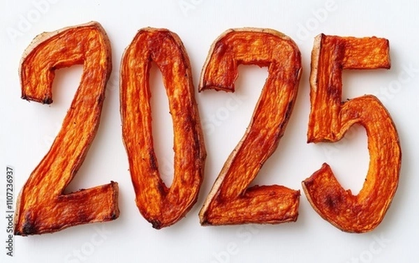 Fototapeta 2025 Made of Sweet Potato Fries“ Numbers styled with crispy, golden-orange sweet potato fries. Warm and hearty, white background.