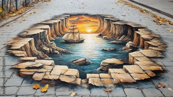 Fototapeta 3D street art depicts a ship sailing toward a vibrant sunset, framed by dramatic cliffs. The illusion creates a captivating escape, drawing viewers into an imaginative ocean scene.