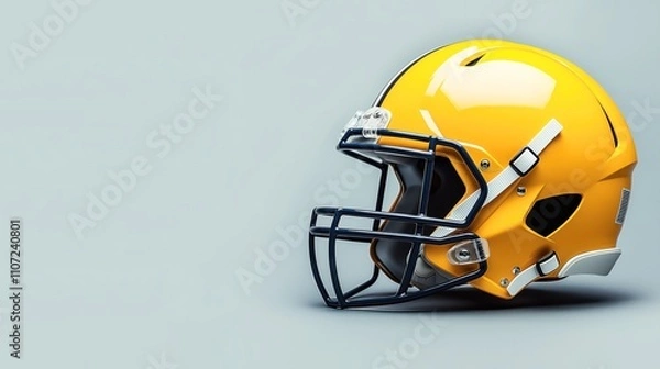 Fototapeta Side view of a bright yellow football helmet with a black faceguard and chin straps on a plain gray background.