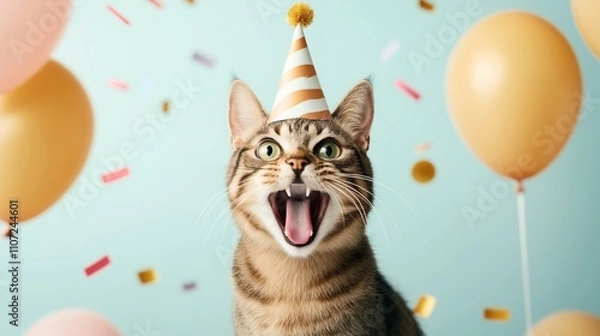 Fototapeta Cheerful tabby cat wearing a party hat surrounded by balloons and confetti on a light blue background