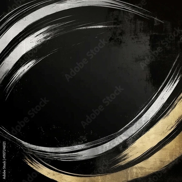 Obraz 黒背景にかすれた銀色と金色のカーブの筆跡。ダーク和風抽象正方形バナー