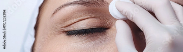 Fototapeta Surgery eyelid rejuvenation concept. A close-up view of a person"s eye being gently cleaned, highlighting skincare and attention to beauty routines.