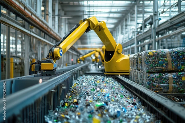 Fototapeta Yellow robotic arms are sorting plastic waste on a conveyor belt inside a recycling plant, improving efficiency and promoting environmental sustainability