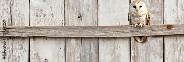 Fototapeta A barn owl perched on a wooden beam against a rustic wooden background.