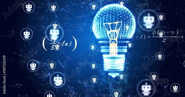 Fototapeta Image of chatbot icons, light bulb and networks over mathematical equations