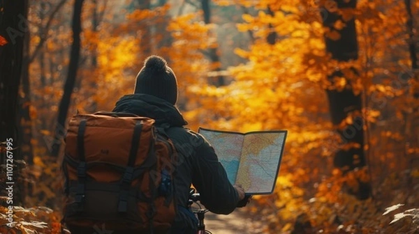 Fototapeta picture capturing the back of a cyclist with a map, resting on a scenic trail surrounded by vibrant fall foliage