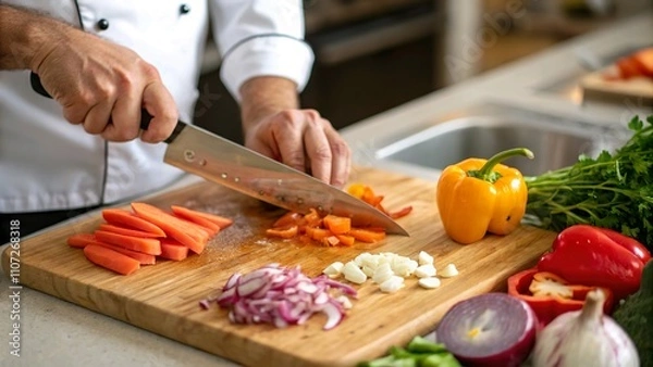 Obraz Hands of a chef chopping fresh vegetables on a wooden cutting board with a sharp knife