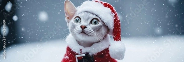 Fototapeta A festive cat wearing a Santa hat and coat, surrounded by falling snowflakes.