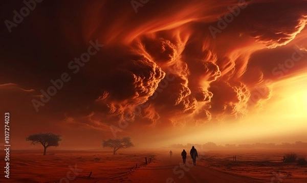 Fototapeta Group of People Walking on Dirt Road Under Cloudy Sky