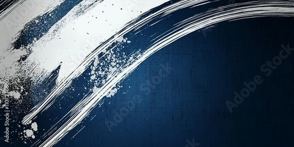 Obraz ダークブルー背景にかすれた銀色のカーブの筆跡。和風抽象横長バナー