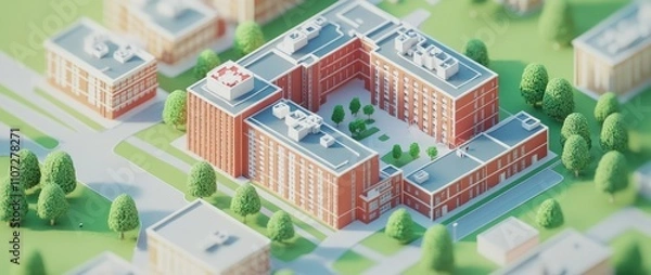 Fototapeta A miniature model of a modern building complex surrounded by greenery.