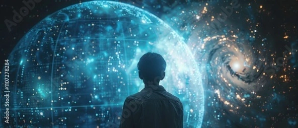 Obraz A child gazes at a mesmerizing cosmic scene, filled with vibrant galaxies and a glowing orb, evoking wonder and curiosity about the universe.