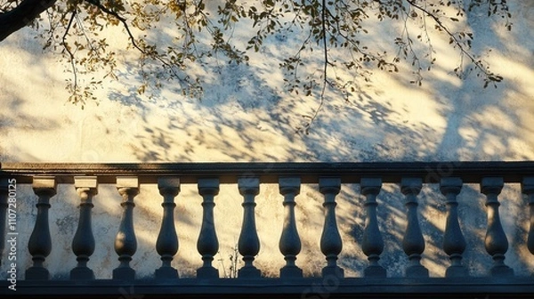 Fototapeta shadow of a tree on the wall of a building, the balcony railing perfectly framing the scene, as the light dances across the tree
