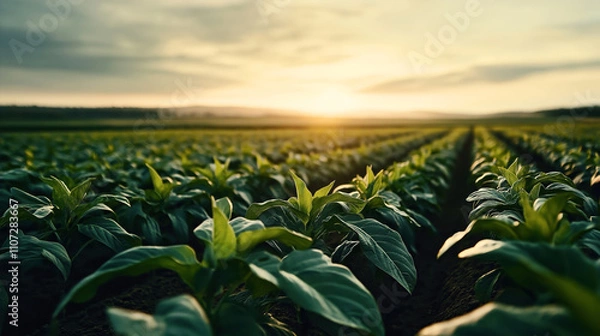 Fototapeta Lush green crops growing in rows on an expansive farm field during sunset or sunrise, with soft sunlight casting warm tones over the landscape