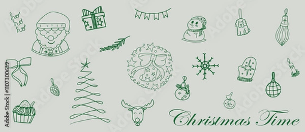 Fototapeta Christmas hand drawn whimsical line art element for party Invitations, card and more. Doodle icons, Vector Illustrations