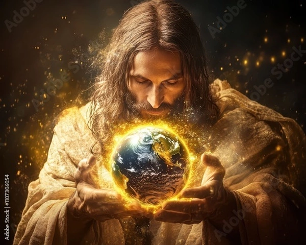 Fototapeta The world in divine hands, Jesus holding a glowing Earth, surrounded by abstract beams of light, symbolizing peace and hope