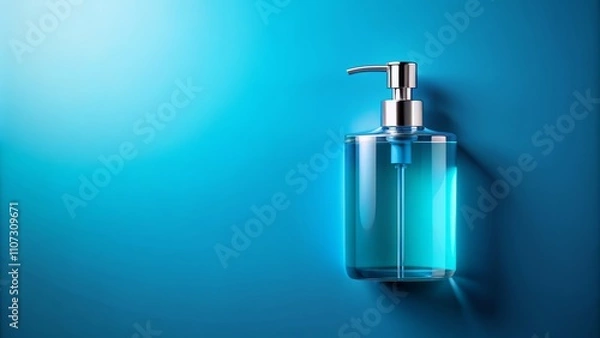 Fototapeta Liquid Soap Dispenser on Blue Background with Copy Space for Product Advertising and Branding, Minimalistic Design Ideal for Cleaning Supplies and Hygiene Promotion