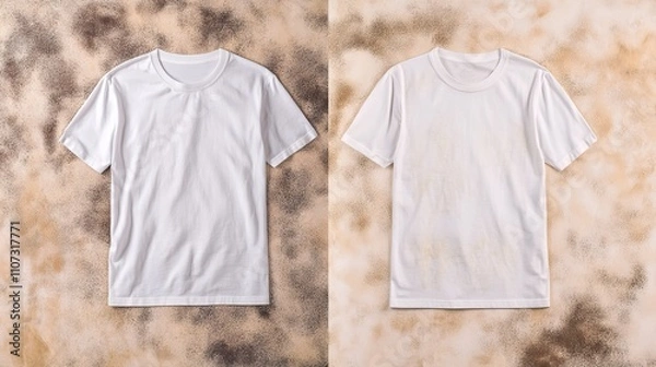 Fototapeta Comparison of White T-shirt Before and After Treatment

This side-by-side image shows a white t-shirt before and after treatment with laundry detergent or bleach